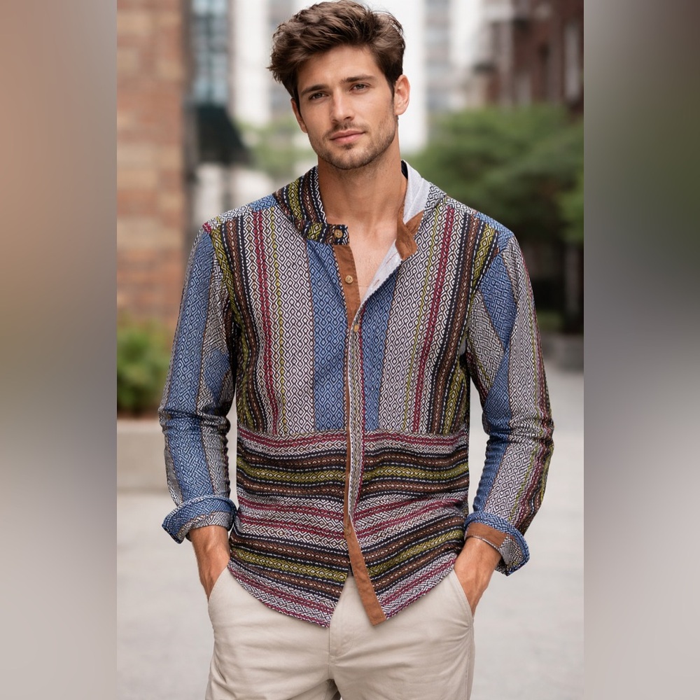 Plusee Men’s Tribal Geometric‎ Print Button Down Shirt Boho Festival Casual 2XL